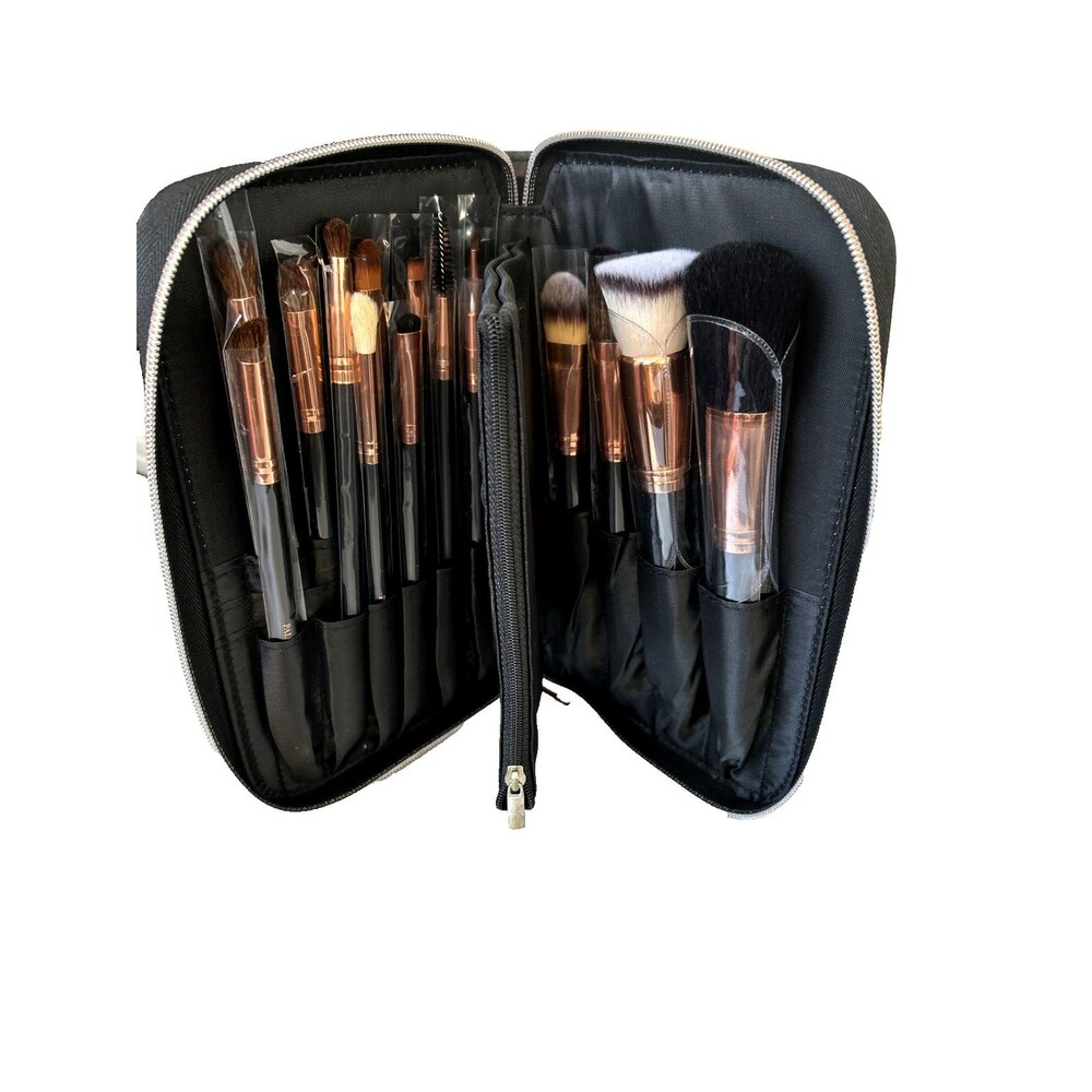 Palmero Makeup Brush Set Full Set 16 Brushes Faux Black Leather Zipper Case NEW